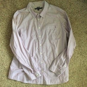 TOMMY HILFIGER Roll-Tab Button-Up Shirt Maroon and White Stripes  [CLEAR…